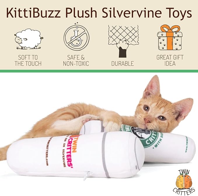 KittiBuzz 2-Pack Organic Silvervine Catnip Substitute Toys for Cats &amp; Kittens | 100% All-Natural Wild Harvested Silvervine | 2 Refillable Coffe Cup Kicker Cat Toys