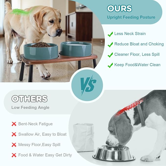 SPUNKYJUNKY Ceramic Elevated Dog Bowls Raised with Acacia Bamboo Wooden Stand, 8.3&