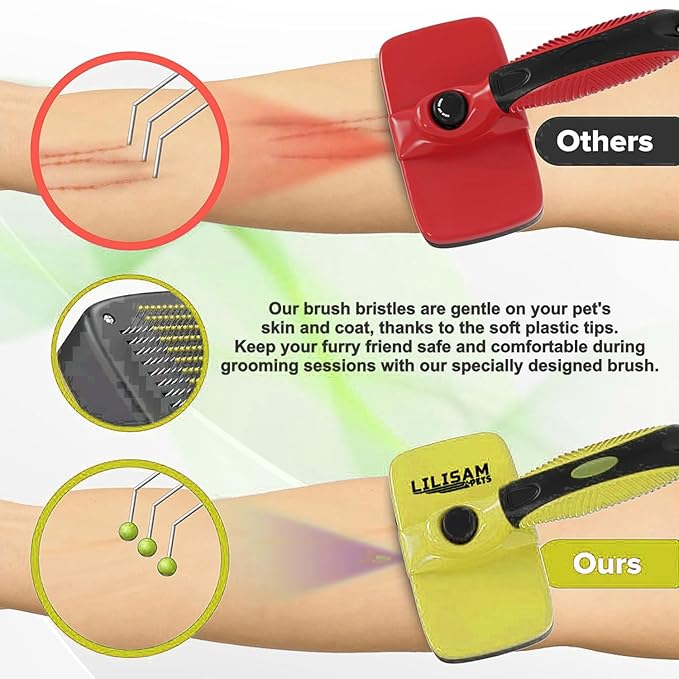 Pet Self Cleaning Slicker Brush and Grooming Comb - Gently Removes Loose Hair, Tangles, and Dirt - Skin Friendly Deshedding Grooming Tool for Hair Dogs &amp; Cats - Pet Supplies Accessories (Yellow)