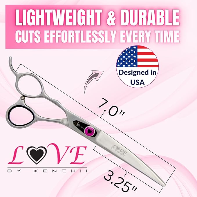 Kenchii Love Left Handed Dog Grooming Scissors, 7 Inch Curved Shears, Dog Scissors for Grooming, Professional Pet Grooming Scissors, Ergonomic &amp; Comfortable