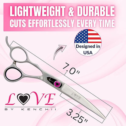 Kenchii Love Left Handed Dog Grooming Scissors, 7 Inch Curved Shears, Dog Scissors for Grooming, Professional Pet Grooming Scissors, Ergonomic &amp; Comfortable