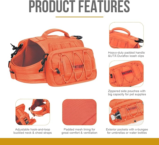 OneTigris Dog Backpack for Medium &amp; Large Dogs, Mammoth Nylon Dog Pack Tactical Backpack Harness with Side Pockets for Hiking Walking Training Running