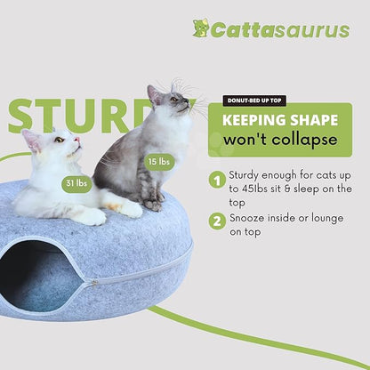 Cattasaurus Peekaboo Cat Cave, Extra Spacious for Multiple &amp; Large Cats 12+ lbs, Scratch Detachable Beds for Indoor Cats, Washable Tunnel Bed, Comfy Cat Donut Tunnel (Light Gray+Light Gray, Jumbo)