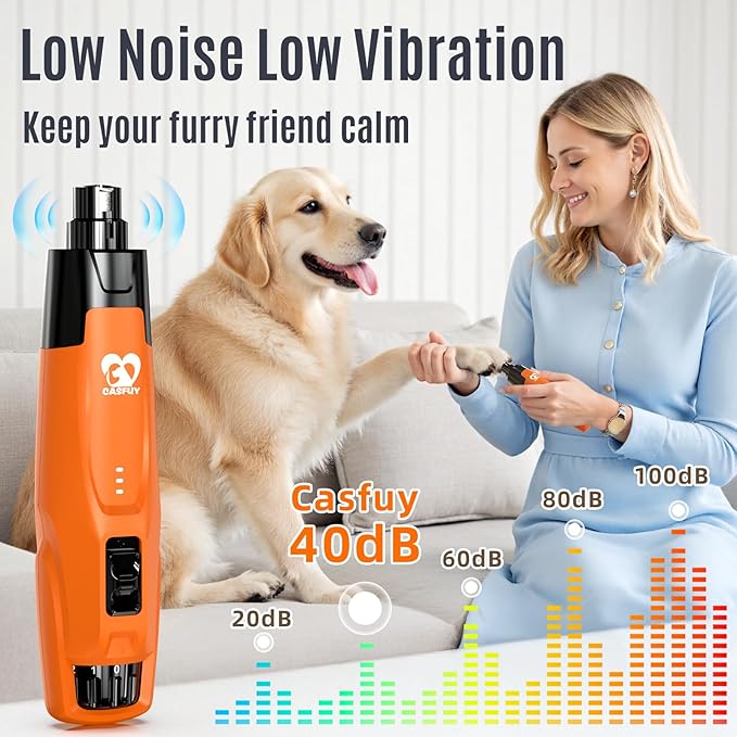 Casfuy New 6-Speed Dog Nail Grinder - 50% More Power Dog Nail Trimmers with 2 LED Lights Quiet 7h Running Time Electric Pet Nail Grinder File Toenail Grinder for Large Medium Small Dogs &amp; Cats (OR)