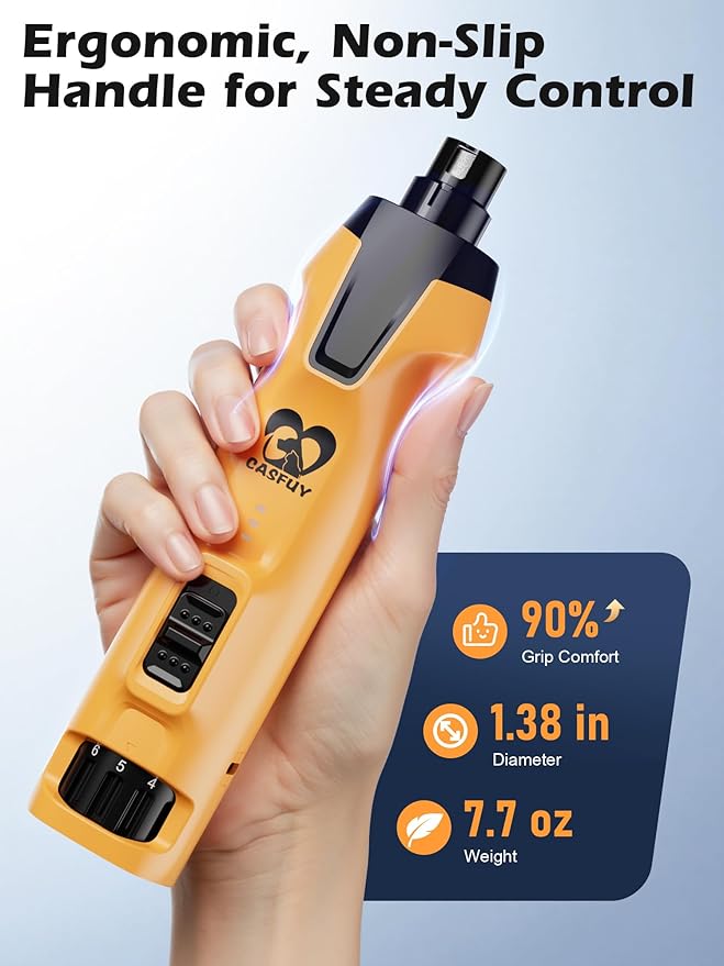 Casfuy 6-Speed Dog Nail Grinder – 50%+ Boost Power Dog Nail Trimmers Quiet with Dust Cap &amp; 2 LED Lights &amp; 2000mAh Battery &amp; 4.8V Motor Electric Pet Toenail File Tool for Large Medium Small Dogs Cats