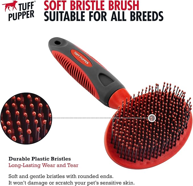 Tuff Pupper Round Bristle Soft Brush for Dogs and Cats | Gentle Grooming for Short or Long Hair | Soft Pin Tool for Sensitive Skin | Detangle &amp; Remove Loose Fur | For Dematting &amp; Detangling Undercoat
