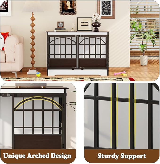 COZPAW 52 Inch Dog Crate Furniture, Extra Large Dog Kennel Indoor for XLarge Breed, Heavy Duty Dog Cage with Double Elegant Arched Doors, Decorate as TV Stand &amp; End Table - White Brown