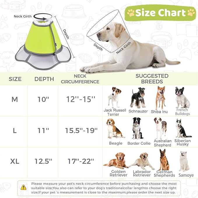Soft Dog Cone Collar After Surgery Recovery,Adjustable E-Collar with Removable Shield,Lightweight,Breathable Anti-Licking Protective Cone for Large,Medium,Small Pets (Neon Green, M (Neck:12&