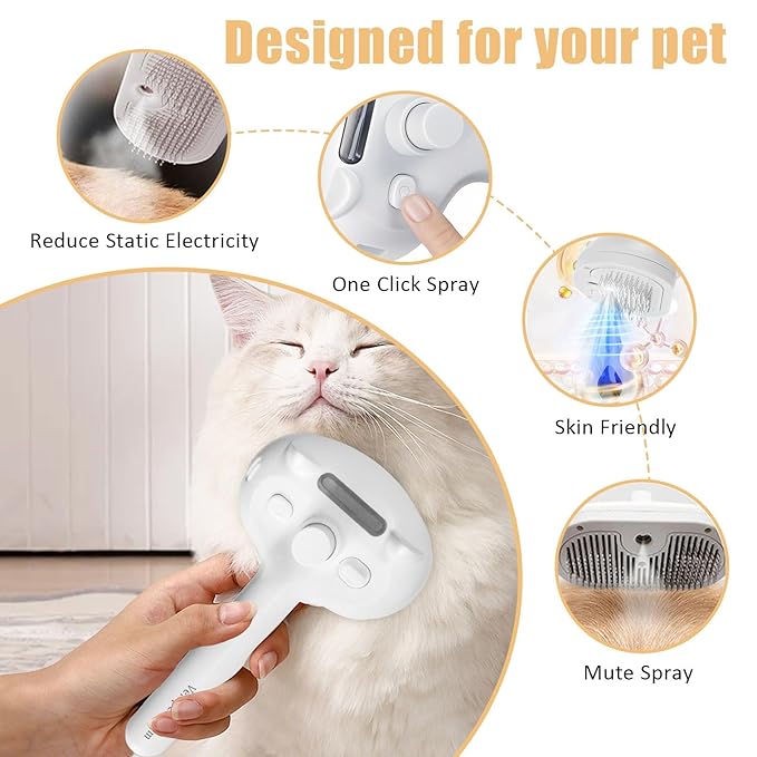 Cat Steam Brush for Shedding, Pet Steam Brush for Dog with Release Button,Anti-Static Pet Spray Hair Removal Comb,Cat Spray Comb for Long &amp; Short Haired Pets,White