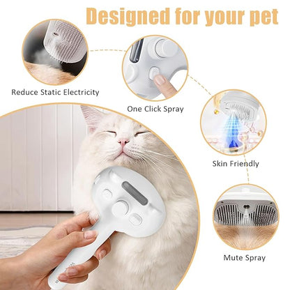 Cat Steam Brush for Shedding, Pet Steam Brush for Dog with Release Button,Anti-Static Pet Spray Hair Removal Comb,Cat Spray Comb for Long &amp; Short Haired Pets,White