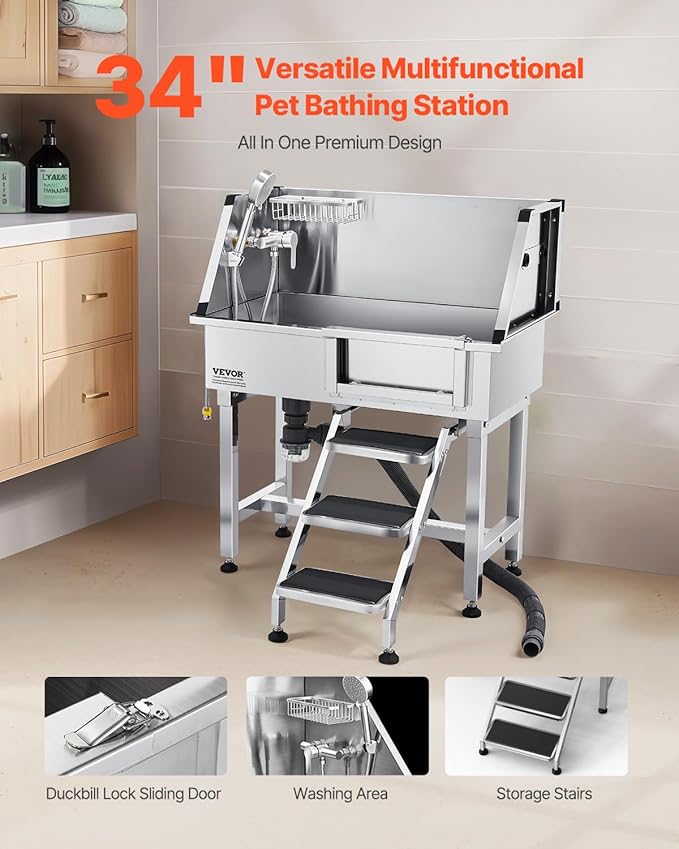 VEVOR Stainless Steel Dog Washing Station, 34 inch Pet Grooming Tub w/Storage Stairs, Faucet &amp; Showerhead &amp; Soap Holder Dog Bathtub, Pet Wash Station for Small Pets (Right Door)