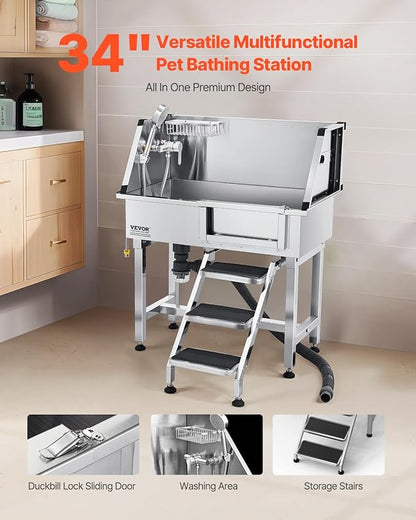 VEVOR Stainless Steel Dog Washing Station, 34 inch Pet Grooming Tub w/Storage Stairs, Faucet &amp; Showerhead &amp; Soap Holder Dog Bathtub, Pet Wash Station for Small Pets (Right Door)