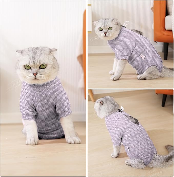 Dotoner Cat Surgery Recovery Suit for Female Male Anti-Licking Pet Surgical Pajamas Long Sleeve Prevent Shedding Cat Spay Recovery Suit&amp;E Collar Alternative Bodysuit for Cats