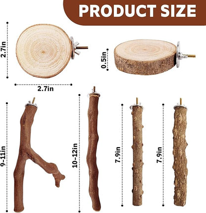 7-Piece Bird Perch Set: 3 Grapevine Paw Grinding Forks, 2 Wood Stands &amp; 2 Hammocks - Cage Accessories for Parakeets, Cockatiels, Conures, Budgies