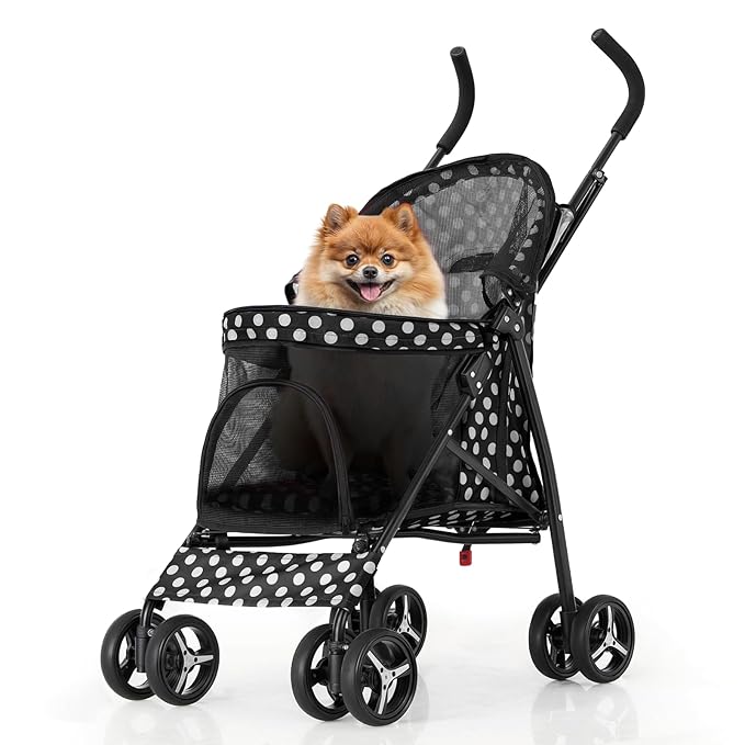 MoNiBloom 4 Wheels Pet Stroller, Easy-Fold Umbrella Shaped Dog Cat Jogger Stroller w/Storage Bag &amp; Visible Mesh for Small/Medium Dogs Cats Black Polka Dots