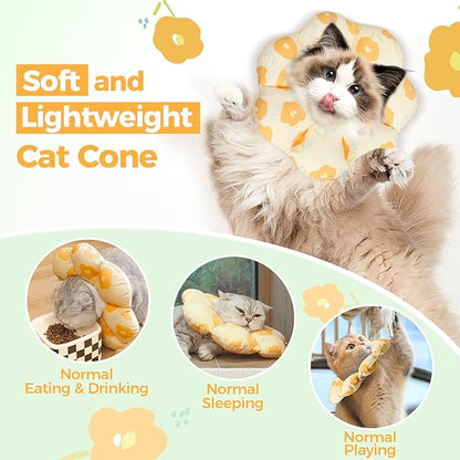 ComSaf Cat Cone Collar Soft - Cat E Collar Cones to Stop Licking, Recovery Elizabethan Collar for Cats After Surgery, Soft Cone for Medium Cats, Waterproof &amp; Lightweight, Yellow Flower, M
