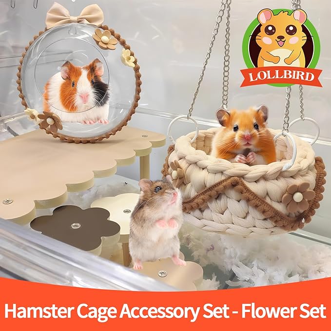 4-Pack Wooden Rat Cage Accessories - Platforms, Ladders &amp; Hammocks Set for Chinchillas, Hamsters, Gerbils (for Iron/Wooden, Acrylic Hamster Cages + Customizable Layout) (9.1x5.6x4.3)