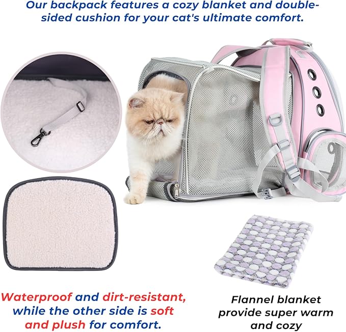 Lollimeow Cat Carrier Backpack, Bubble Expandable Backpack Carrier, Pets and Small Dogs,Airline-Approved, Designed for Travel, Hiking, Walking &amp; Outdoor Use (Square Back Expandable-Pink)