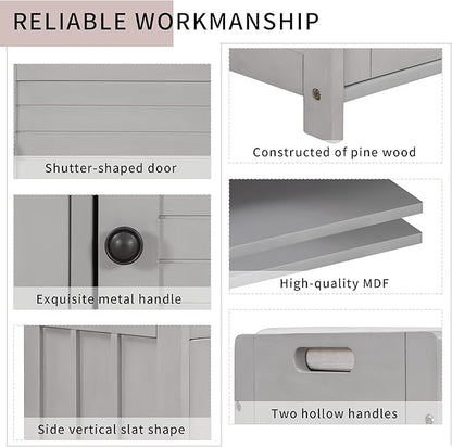 Storage Bench with 3 Shutter-Shaped Doors, Wood Shoe Bench with Removable Cushion and Hidden Storage Space for Entryway, Living Room, Hallway 43.5" L*16" W*18" H (Gray Wash Pine)