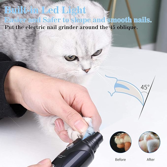 Pet Nail Grinder with LED Light &amp; 2 Grinding Heads, 2-Speed Low Noise &amp; More Powerful Dog Nail Grinder, Pet Nail Trimmer File, Painless Paw Claw Care, Quiet Toenail Grooming Tool for L/M/S Dogs/Cats
