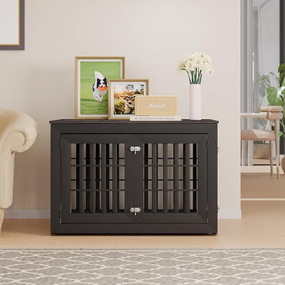 42" Heavy Duty Dog Crate Furniture for Small,Medium and Large Dogs,Rustic Wooden Dog Cage Kennel Indoor Furniture with Waterproof Top,Decorative Pet House Side End Table (Black &amp; Grey)