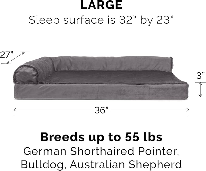 Furhaven Cooling Gel Dog Bed for Large/Medium Dogs w/ Removable Bolsters &amp; Washable Cover, For Dogs Up to 55 lbs - Plush &amp; Velvet L Shaped Chaise - Platinum Gray, Large