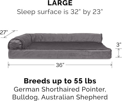 Furhaven Cooling Gel Dog Bed for Large/Medium Dogs w/ Removable Bolsters &amp; Washable Cover, For Dogs Up to 55 lbs - Plush &amp; Velvet L Shaped Chaise - Platinum Gray, Large