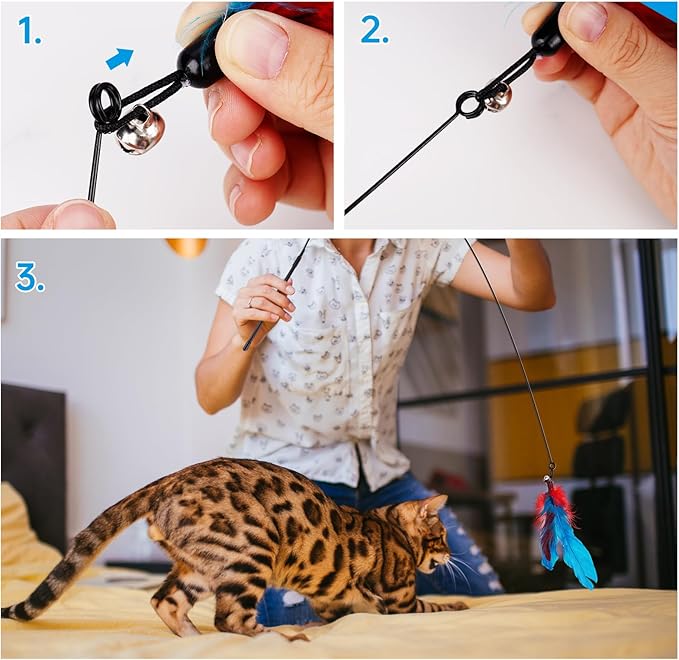 ZooZoo 14PCS Interactive Cat Feather Toy Set for Indoor Cats, Active Play Kit with Door Hanging Toy, Double-Sided Suction Cat Wand with Feathers, Mice &amp; Fur Balls, Encourages Hunting, Jumping, Chasing