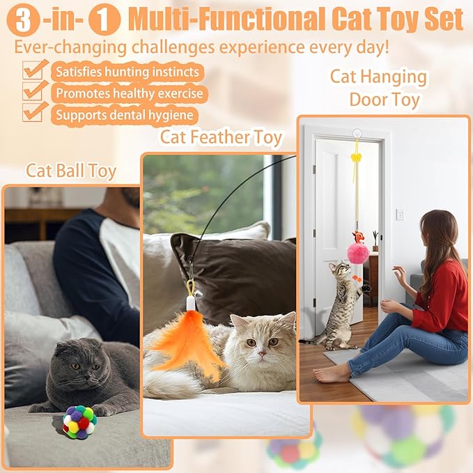 4-in-1 Interactive Cat Toys Set with Suction Cup Wand, Hanging Cat Toys, Fishing Pole Cat Wand &amp; Kitten Balls- Includes Variety Replaceable Worms, Feathers for Indoor Bored Cats for Exercise