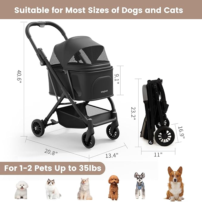 Lightweight Dog Stroller for Small Dogs &amp; Cats Portable Compact Folded Pet Stroller Up to 35lbs Medium Pets One Click Folding Large Cat Carriage with Convertible Canopy Storage Basket-Black