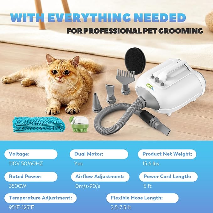 Dog Dryer for Pet Grooming Professional, 6HP/3500W High Velocity Blow Dryer for Dogs, Dual Motor Pet Dryer, Adjustable Temperature 95-125℉ &amp; Airflow 0-90 M/S, 2.5-7.5 FT Hose with 4 Nozzles