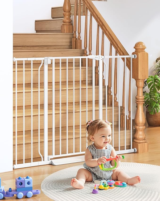 34" Extra Tall Baby Gate for Stairs, Auto Close Stroller Friendly Dog Gate Indoor for Doorways, Pressure Mounted 29"-51" W Baby Gate, Easy Walk Through Gate for Children &amp; Pets, White