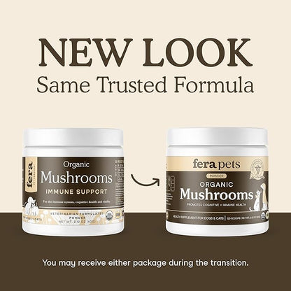 Fera Pets Mushroom Supplement for Dogs &amp; Cats with Turkey Tail - USDA Organic - Cognitive and Immune Support - Enhances Liver Function - Supports a Healthy Gut - Powder - 120 Scoops