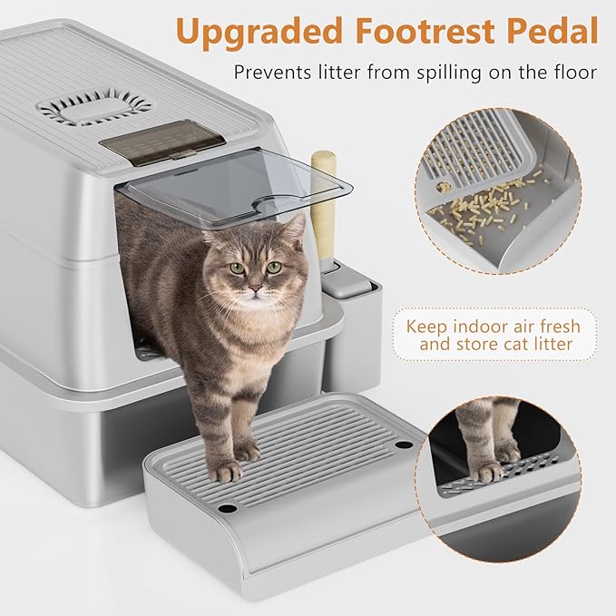 Stainless Steel Cat Litter Box with Lid, XL Extra Large Litter Box for Big Cats, Enclosed Removable Metal Litter Boxs with High Sided Enclosure &amp; Scoop, Anti-Leakage, Non-Sticky, Easy Cleaning(Grey)