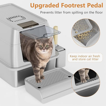 Stainless Steel Cat Litter Box with Lid, XL Extra Large Litter Box for Big Cats, Enclosed Removable Metal Litter Boxs with High Sided Enclosure &amp; Scoop, Anti-Leakage, Non-Sticky, Easy Cleaning(Grey)