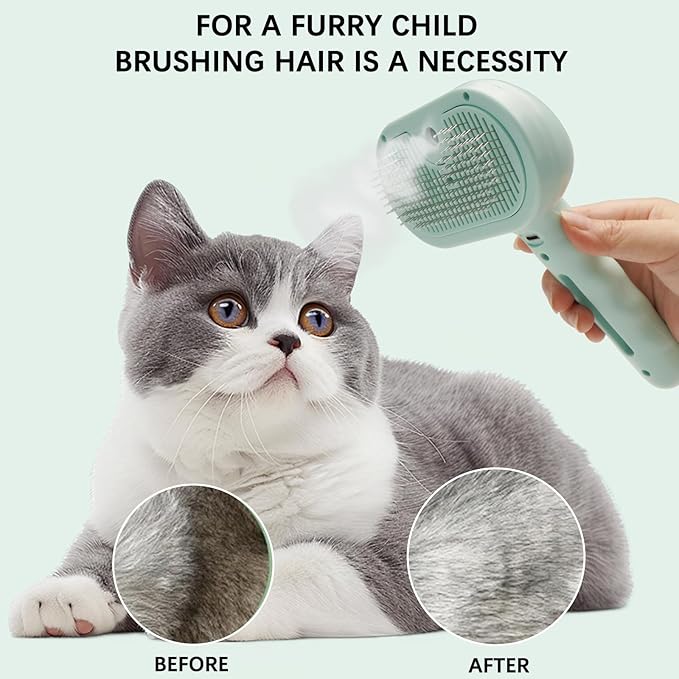 Pet Steam Brush for Cat &amp; Dog – 4-in-1 De-Shedding, Steam Spray, and Self-Cleaning Grooming Tool – Ideal for Long and Short-Haired Pets– Includes 2 Bottles of 120 mL Waterless Shampoo(Green)
