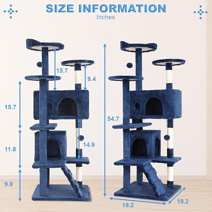 FDW Cat Tree 54in Cat Tower Multi-Level Durable Cat Scratching Post &amp; Cozy Fun Cat Jumping Platform Space Saving Cat Condo Pet Play House for Indoor Cats,Navy Blue
