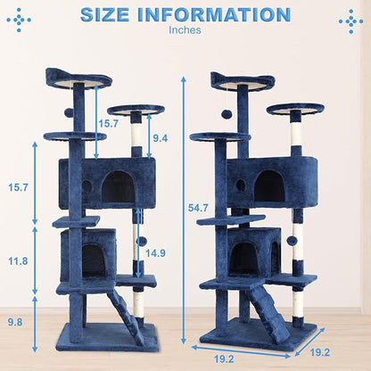 FDW Cat Tree 54in Cat Tower Multi-Level Durable Cat Scratching Post &amp; Cozy Fun Cat Jumping Platform Space Saving Cat Condo Pet Play House for Indoor Cats,Navy Blue