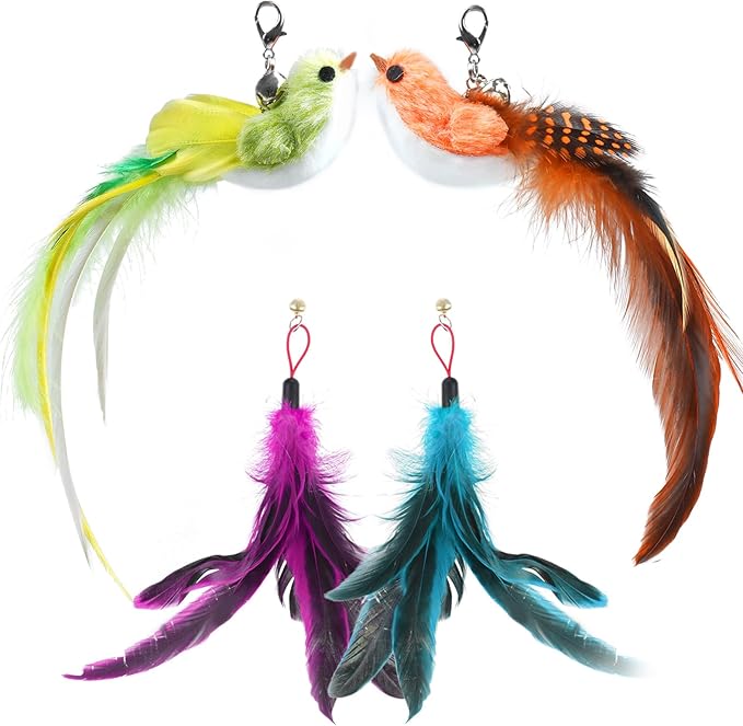 ROSAUI Interactive Cat Toy Replacements - Set of 4 Bird and Feather Attachments for Cat Teaser Wand - Lifelike Birds &amp; Natural Feathers for Indoor Play - Ideal for Cats &amp; Kittens