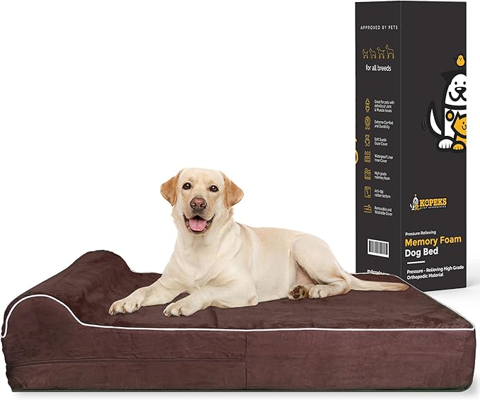 KOPEKS Orthopedic Memory Foam Dog Bed 7" Inch Thick Extra Large Dog Bed With Pillow Brown 50"x34"x10" Includes Waterproof Liner &amp; Durable Removable Cover With Smart Design