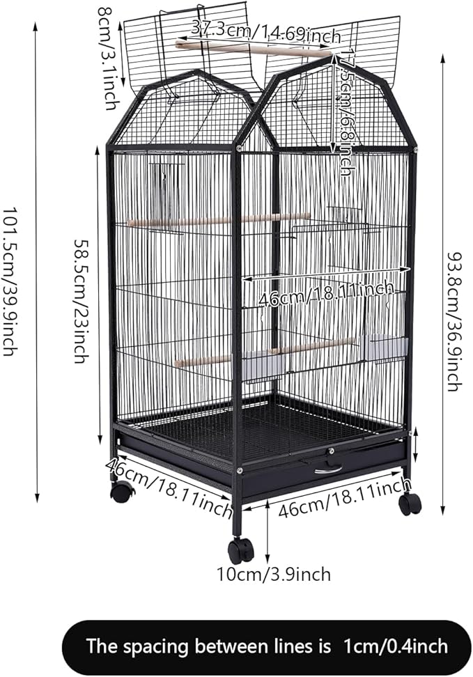 40-Inch Wrought Iron Bird Cage with Open-Top and Rolling Stand, Movable Parrot Cage Pet Bird Flight Cage, 360 Degree View Spacious Interactive Roof Pet Bird House for Medium&amp;Small Birds