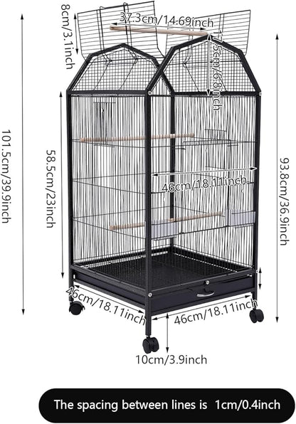 40-Inch Wrought Iron Bird Cage with Open-Top and Rolling Stand, Movable Parrot Cage Pet Bird Flight Cage, 360 Degree View Spacious Interactive Roof Pet Bird House for Medium&amp;Small Birds
