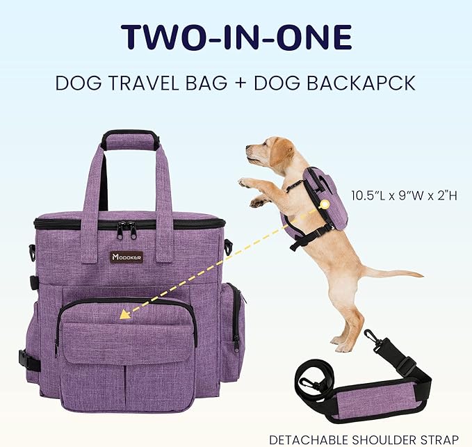 Modoker Dog Travel Organizer Carriers for Supplies &amp; Accessories, Airline Approved Cat Pet Travel Bag, 2 Collapsible Bowls, 2 Travel Dog Food Container, Purple