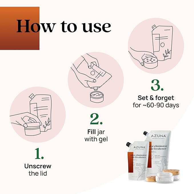 Azuna Air Freshener &amp; Odor Eliminator for Strong Odor | 2 Room Kit Includes (2) Empty Luxe Glass Jar &amp; 12oz Gel Refill with Tea Tree Essential Oil | Sandalwood Scent | Last 60-90 Days