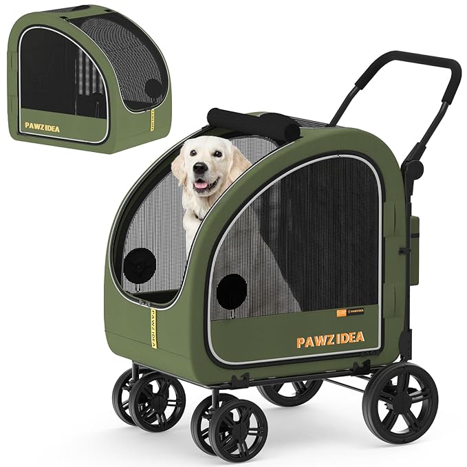 PAWZIDEA Dog Stroller for Large Dogs, Collapsible Pet Stroller with Detachable Carrier, Portable Dog Crate for Car Seat, Adjustable Handle, All-Terrain 9” Wheels, Ideal for Travel &amp; Outdoor Adventures