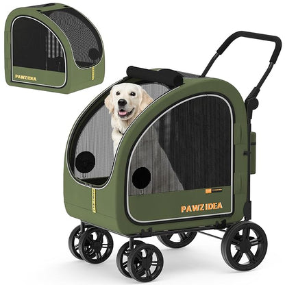 PAWZIDEA Dog Stroller for Large Dogs, Collapsible Pet Stroller with Detachable Carrier, Portable Dog Crate for Car Seat, Adjustable Handle, All-Terrain 9” Wheels, Ideal for Travel &amp; Outdoor Adventures