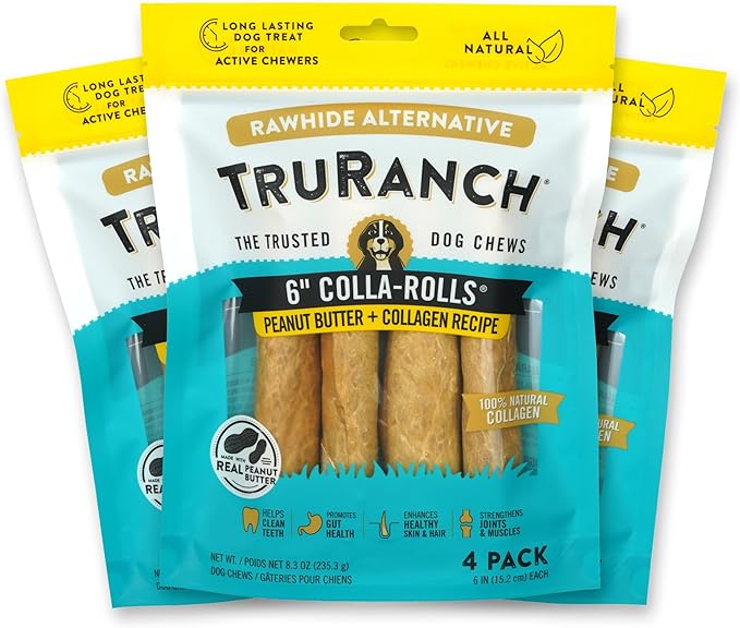 Collagen Rolls - 6" Collagen Rolls for Dogs - Long Lasting Healthy Joint Support - Rawhide Alternative - Skin &amp; Coat Health - Made with Real Peanut Butter, Value Pack, 3 Bags, 12 Count