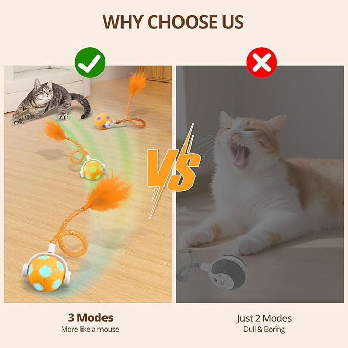 Cat Toy Ball,Interactive Cat Toy Ball with 3 Modes for Indoor Cat,The 2025 Generation Self Moving Cats Toy,Rolling Cats Toy with Feather &amp; Bells for Bored Cats &amp; Small dogs,Touch to Activate (Orange)