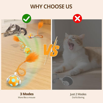 Cat Toy Ball,Interactive Cat Toy Ball with 3 Modes for Indoor Cat,The 2025 Generation Self Moving Cats Toy,Rolling Cats Toy with Feather &amp; Bells for Bored Cats &amp; Small dogs,Touch to Activate (Orange)