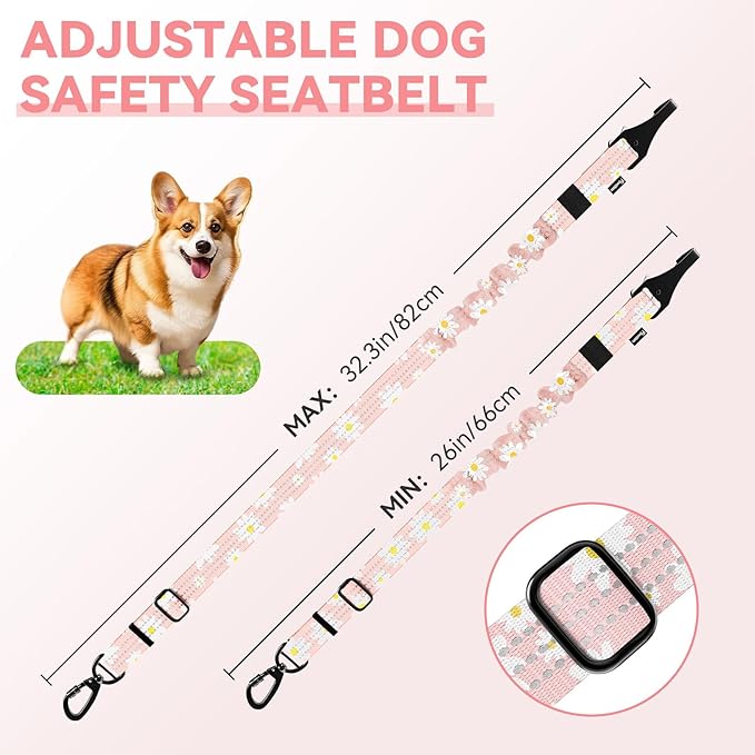 Pawaboo 2Pack Dog Seatbelt for Car, 3-in-1 Dog Car Seat Belt Bungee, Dogs Tether for Cars with Buckle &amp; Hook Latch, Adjustable Reflective Dogs Cars Harness Leash with 360° Lockable Buckle, Light Pink